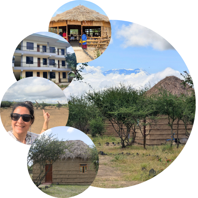 Maasai Community Center and volunteer accommodation in Engikaret, Tanzania, together with Nareto House in Arusha, featuring views of Mount Kilimanjaro and spaces for training, community development and cultural experiences.